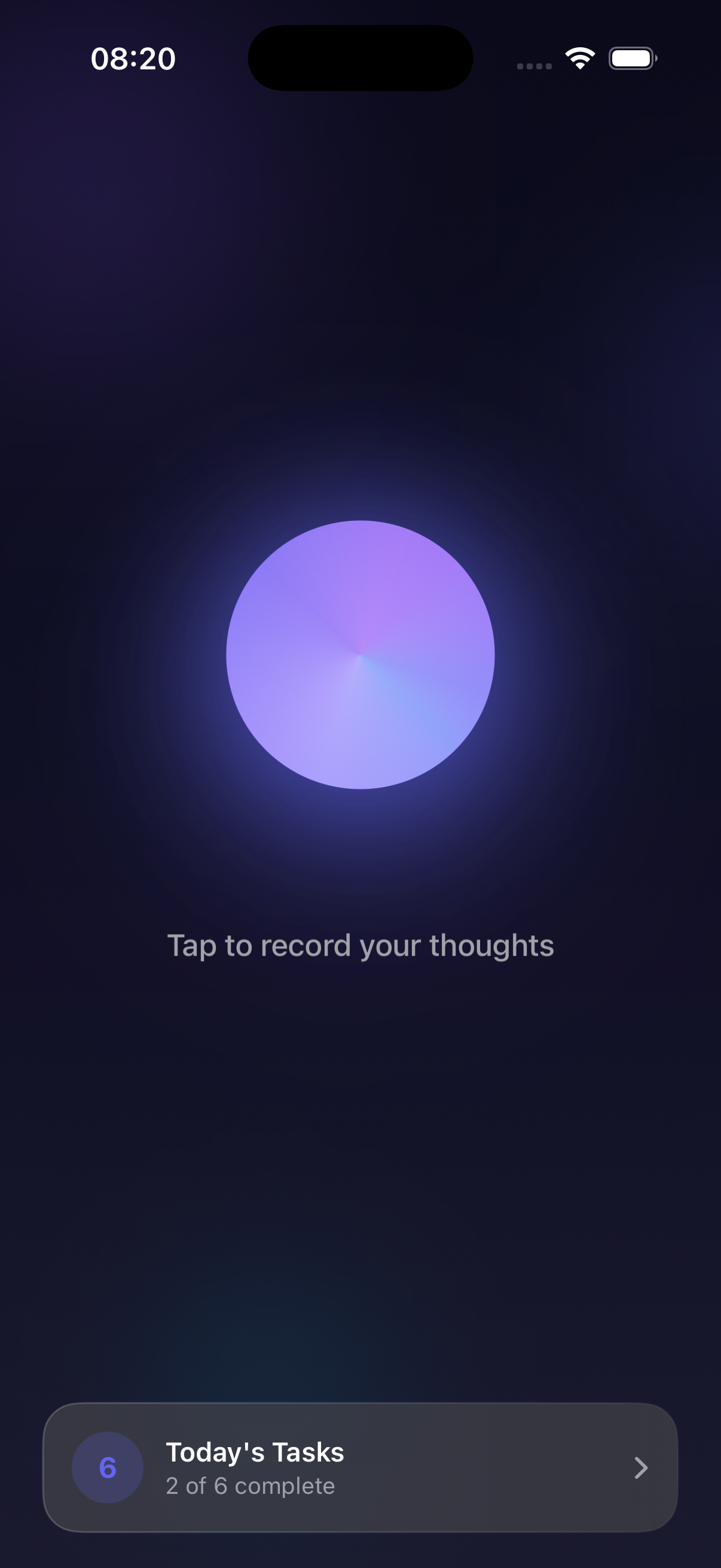 Settle recording screen — tap the glowing orb to speak your thoughts